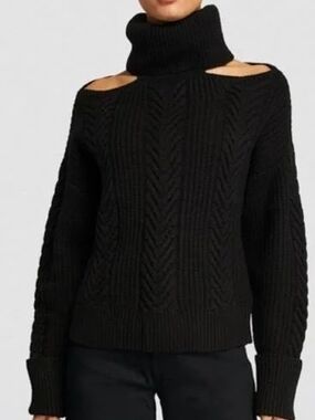 PAIGE Lorilee Black Cold-Shoulder Cable Knot Turtleneck Sweater Wool Blend